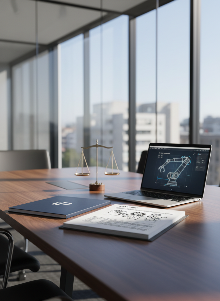 A sleek, modern wooden conference table covered with neatly arranged objects related to intellectual property: a thick patent document with visible technical diagrams, a closed navy-blue folder stamped with a subtle “IP” emblem, a silver laptop displaying a stylized schematic of a mechanical invention, and a small scale of justice sculpture in brushed metal. The scene sits in a bright, minimalist office with glass walls and blurred city buildings beyond. Soft daylight streams in from the right, creating clean reflections on the polished tabletop and gentle shadows under each object. Photographic realism, eye-level composition, sharp focus on the documents with a slightly softened background, conveying a professional, trustworthy, and organized atmosphere suitable for a business IP advisory website.